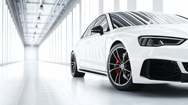 White Luxury Sedan Showcased in Modern Hallway,  3D Render