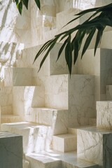 Natural light casting shadows on marble blocks in an outdoor setting with greenery