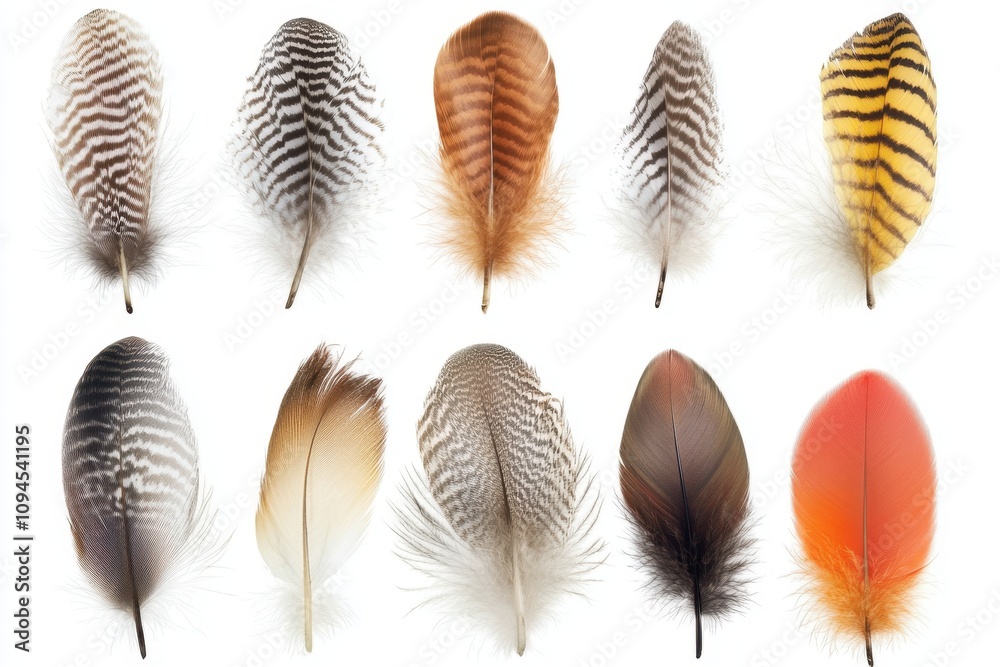 Wall mural a collection of colorful bird feathers showcasing various patterns and textures.
