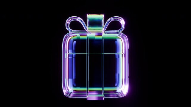 Abstract futuristic silhouette gift box with bow from glass iridescent texture. 3d animation modern festive decoration isolated on black background.