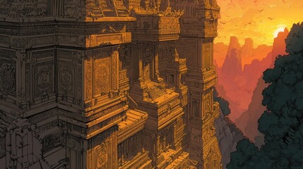 Fototapeta premium A stunning architectural structure illuminated by sunset amidst mountainous terrain.