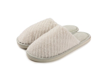 Soft slippers isolated on white background. Home slippers. Comfortable shoes for home. Foot care concept. Home comfort. Space for text. Copy space.