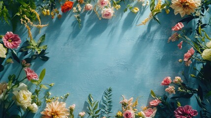 Floral wedding frame featuring a vibrant arrangement of assorted flowers on a blue surface viewed from above, creating a charming flat lay design.