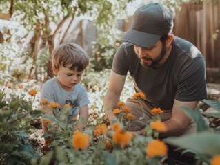 Close up photo of father and son planting flowers in a garden, bonding moment