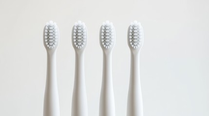 Four sleek electric toothbrush replacement heads in white, three standing upright and one angled, all set against a clean white background.
