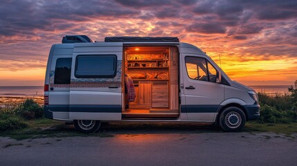 Beautifully decorated van or camper parked by a beach at sunset, open doors