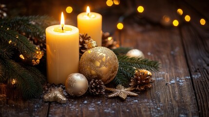 Beautifully decorated Christmas table with candles, ornaments, and pine branches