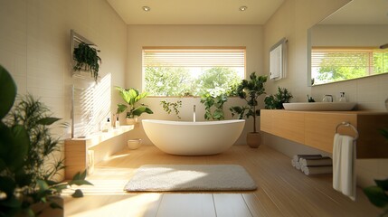 Serene Modern Bathroom with Lush Greenery and Natural Light