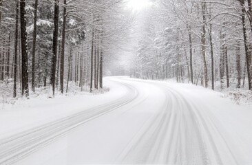 Obraz premium Snowy winding road through quiet forest landscape in winter season