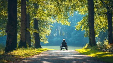 A wheelchair user enjoying nature at a scenic park, concept of accessibility and freedom