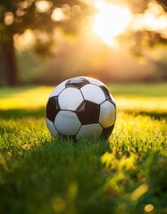 Football in sunset on grass