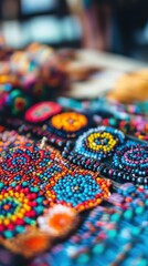 Obraz premium Colorful Filipino beadwork showcases intricate patterns and textures with tools and materials