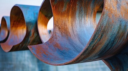 Detailed close-up of rusted metal curves showcasing abstract architectural features on a bridge with vivid texture and colors.