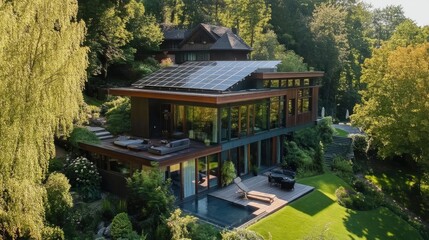 Obraz premium A modern house with solar panels on the roof, surrounded by nature