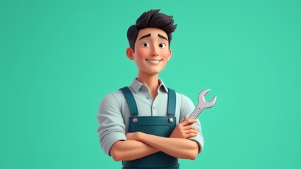 Cheerful cartoon handyman holding a wrench and smiling, representing skilled and approachable repair or maintenance services.