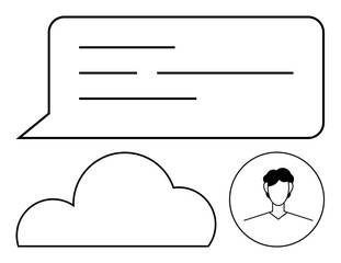 Speech bubble with text lines, cloud shape, and user profile icon. Ideal for digital communication, cloud computing, user interaction, tech business, social media online messaging remote work. Line