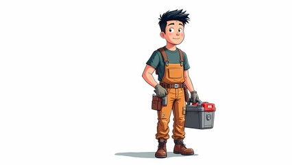 Cartoon handyman holding a toolbox, symbolizing readiness and professionalism for repair and maintenance jobs.