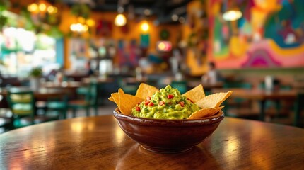 Fototapeta premium A medium shot of a vibrant bowl of guacamole served with tortilla chips on a polished wooden table, set against the lively ambiance of a bustling Mexican restaurant