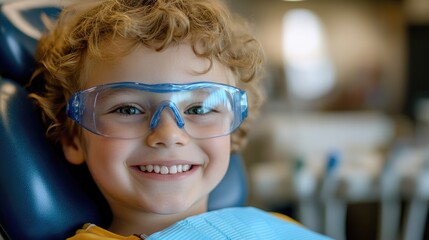 Child with curly hair wearing blue dental protective glasses smiles eagerly in a dentist chair, ready for a routine teeth cleaning at a pediatric clinic