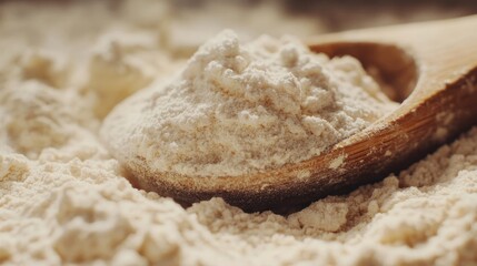 Fototapeta premium Close-up of a wooden spoon overflowing with finely ground baking flour on a textured surface of loose flour, emphasizing its soft and white appearance.