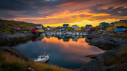 Obraz premium Vibrant Sunset Over Fishing Village in Harbor Reflection