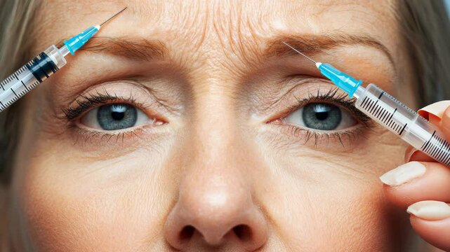 Senior woman face receiving beauty injection for wrinkles in professional salon - Cosmetic, facial lifting treatment and new trend concept - Models by AI generative