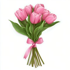 Fototapeta premium Beautiful bouquet of pink tulips wrapped with a ribbon on a white background