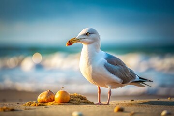 Obraz premium Minimalist Seagull Observing Food with Intense Focus on a Beach Setting, Capturing the Essence of Nature and Wildlife Interaction in a Serene Atmosphere