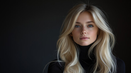 Fototapeta premium Elegant Blonde Woman in Black Turtleneck Posing Against Minimalist Dark Background 