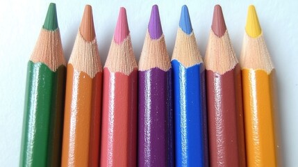 Fototapeta premium Vibrant arrangement of sharpened colored pencils in a row, highlighting rich hues and showcasing the essence of creativity in art supplies.