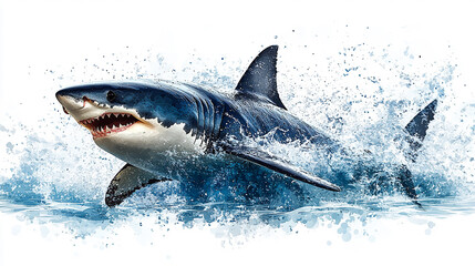 Fototapeta premium A large white shark is leaping out of water, with waves splashing around it.