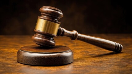 Gavel placed on a polished wooden desk against a dark background, symbolizing the concepts of law, justice, and authority in a courtroom setting.