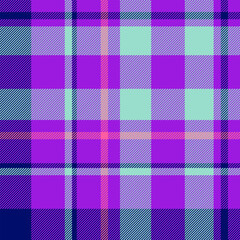 Uniform vector check seamless, pajamas textile tartan pattern. Ethnicity texture fabric plaid background in violet and teal colors.
