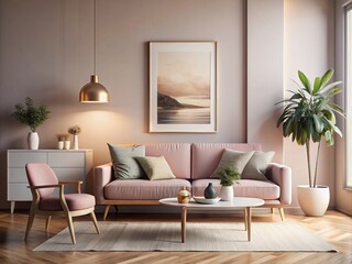 Modern Minimalist Living Room Poster Mockup with Pink Decor and Stylish Furniture in a Calming Interior Setting, Showcasing a Chic and Elegant Atmosphere for Design Inspiration