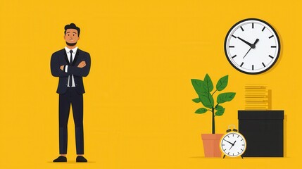 Confident Businessman in Suit Standing with Clock and Plant in Modern Office