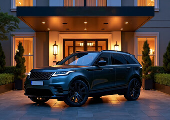 Modern luxury SUV parked in front of a stylish suburban home during twilight hours