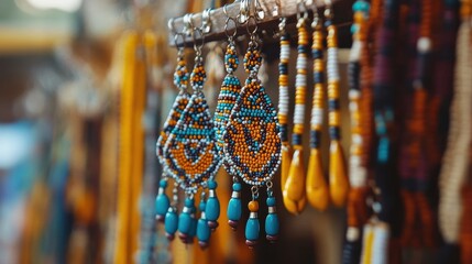 Close-up of colorful South African beaded earrings with intricate designs