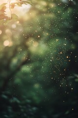 Fototapeta premium Sunlight filtering through trees reveals sparkling dust particles in a serene forest setting