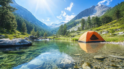 Serene mountain landscape with a vibrant orange tent by a crystal-clear river. Perfect getaway for camping, hiking, and nature exploration under a bright blue sky.