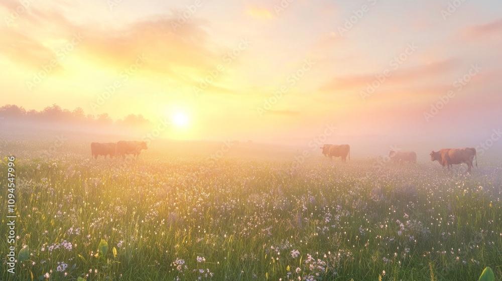 Poster A group of cows are grazing in a field with a beautiful sunset in the background. The cows are scattered throughout the field, with some closer to the foreground and others further back