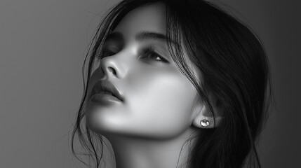 Fototapeta premium Black and White Portrait of a Woman with Dramatic Lighting and Crystal Earrings