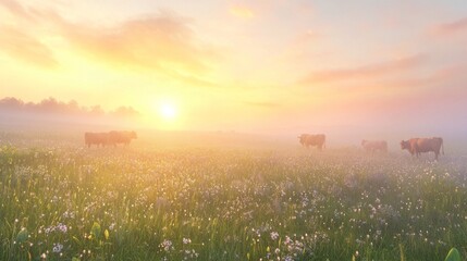 Obraz premium A group of cows are grazing in a field with a beautiful sunset in the background. The cows are scattered throughout the field, with some closer to the foreground and others further back