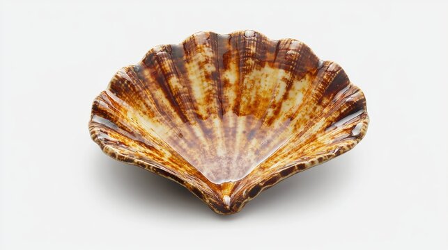 Enamel Venus shell showcasing intricate brown and yellow patterns, elegantly displayed against a clean white background.