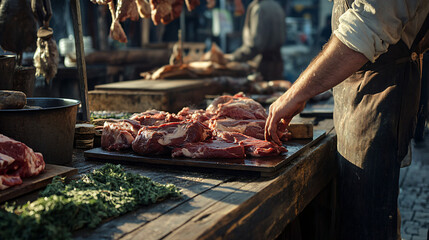 A butcher arranging cuts of venison on a rustic wooden counter in an outdoor market setting, with a focus on the unique textures and colors of the meat.