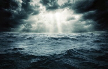 Dark storm clouds over turbulent ocean waters create a dramatic seascape