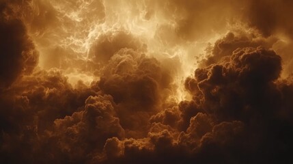 Dramatic night sky showcasing dark, billowing storm clouds illuminated by intense burnt sienna tones, creating a striking atmospheric display.