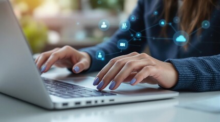 Chat Bot Chat with AI or Artificial Intelligence technology. close up of a Woman hands using a laptop computer chatting with an intelligent artificial 