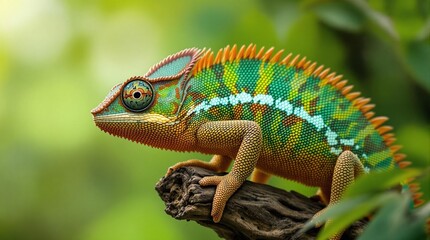 captivating vivid colors shot of a chameleon on a branch, nature animal photography