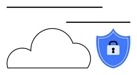Cloud icon next to blue shield with a padlock, emphasizing security and data protection. Ideal for topics thumbs up cybersecurity, data privacy, cloud storage, IT solutions, internet safety, online