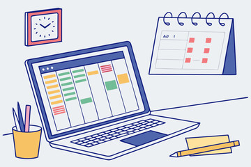 Project management, planning for software development, resources and budget planning, project schedule diagram, Gantt chart for work deadline concept, computer laptop with project management software
